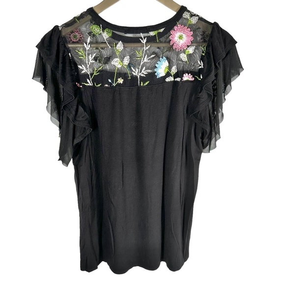 Women's | Kim & Cami | Black Embroidered Floral Butterfly Sleeve Sheer Top - Picture 5 of 8